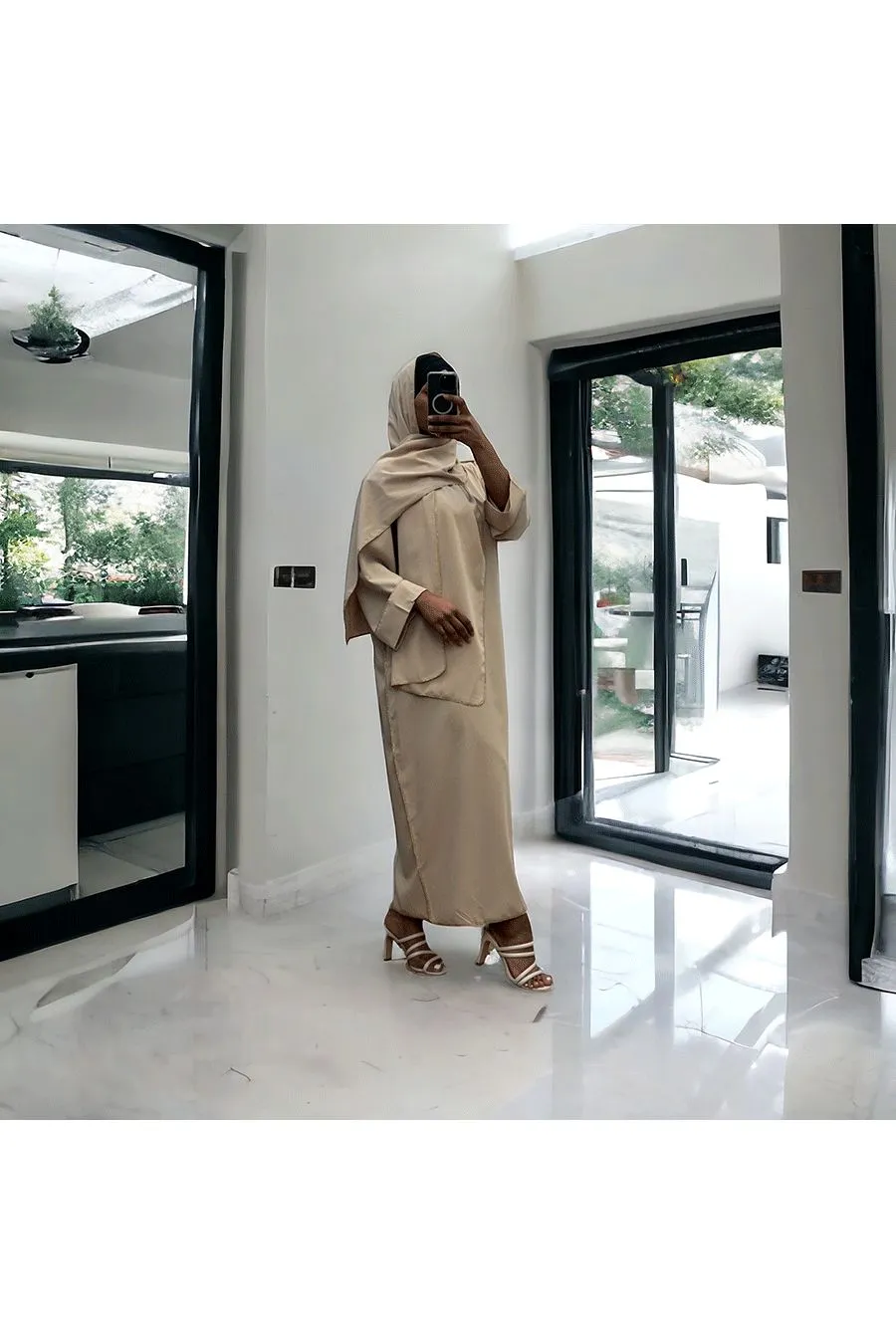 Beige Silk Medina Abaya Dress with Integrated Scarf - Shop Now