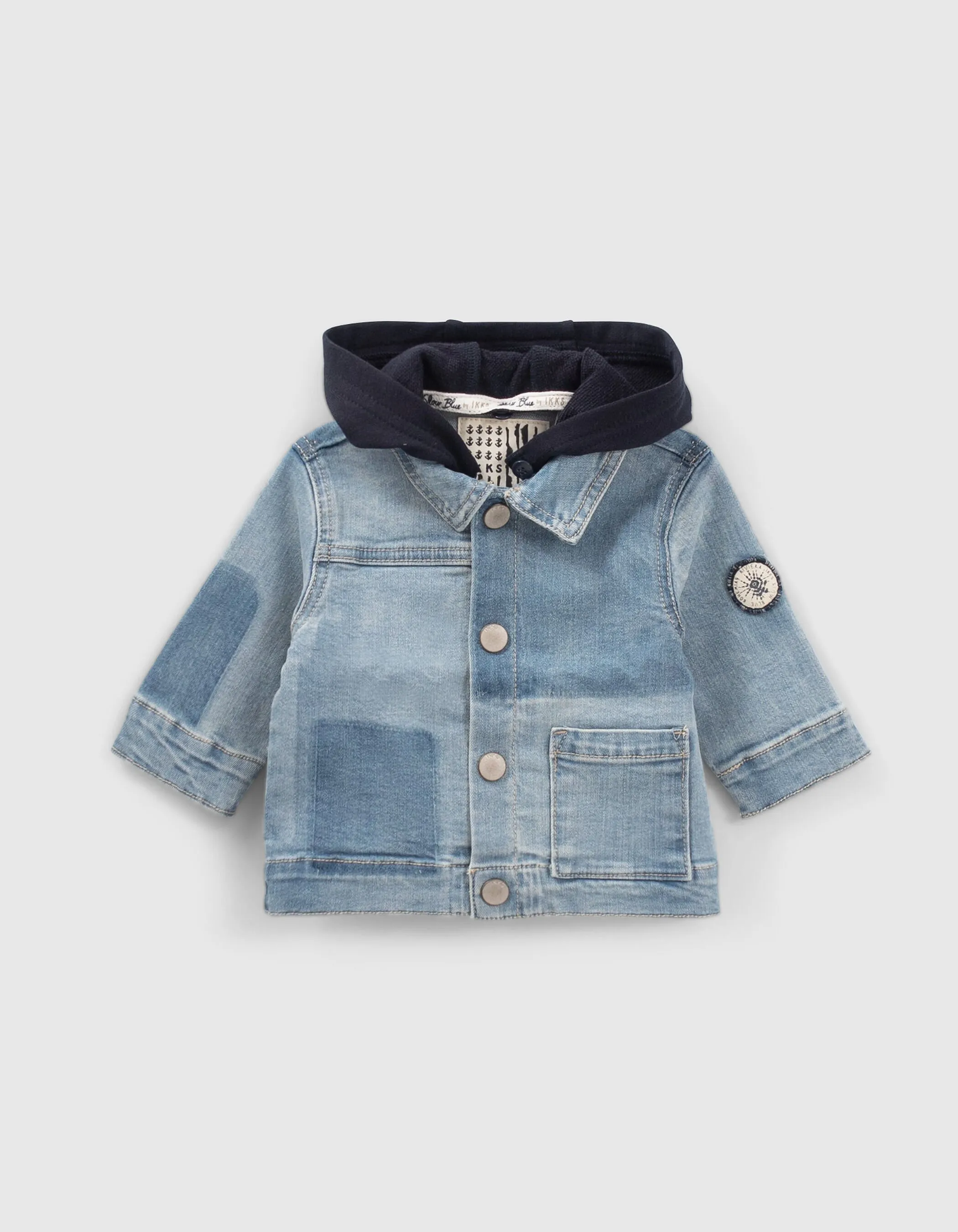 Blue denim jacket with removable hood for baby boy