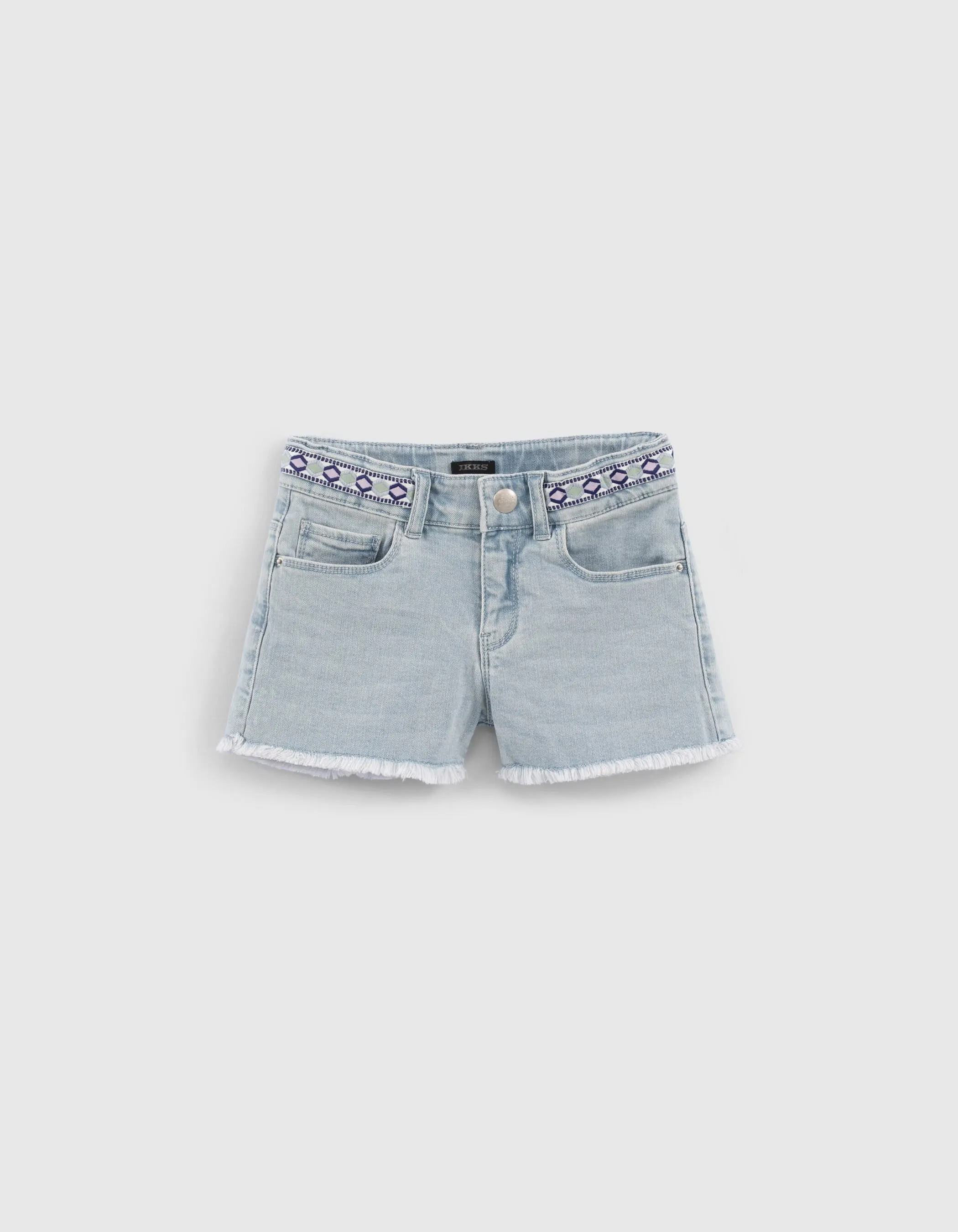Blue Organic Cotton Embroidered Trim Girl's Denim Shorts