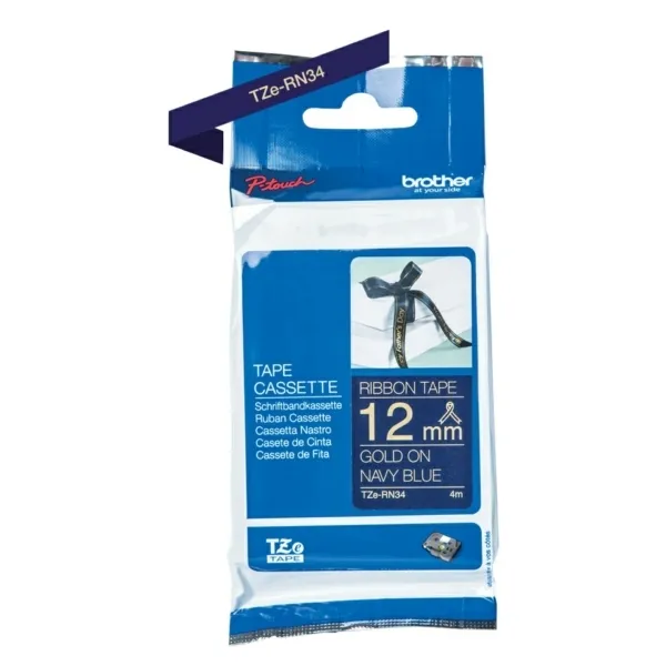 Brother ruban tissu P-Touch TZe-RN34, 12 mm, or sur bleu navy