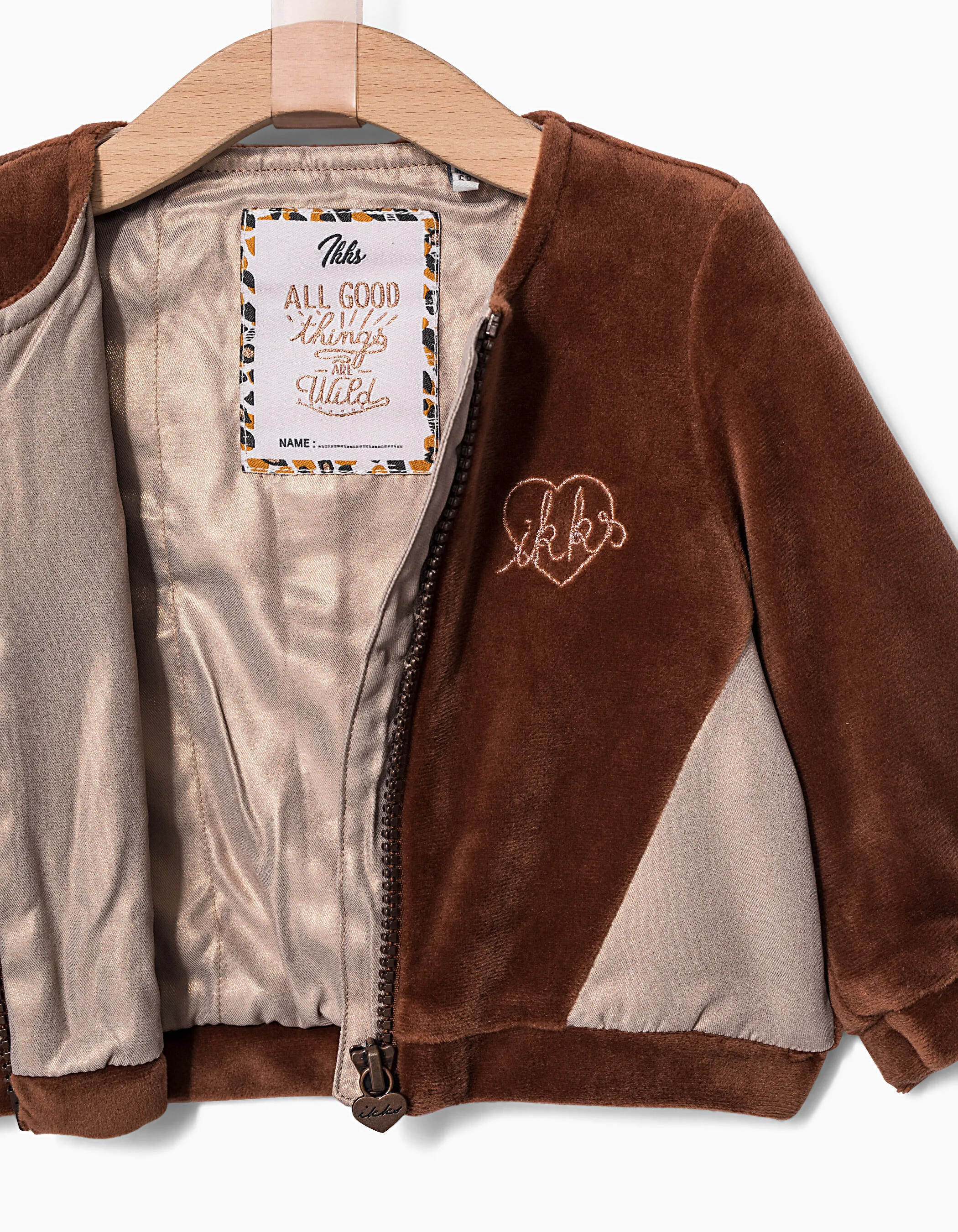 Baby girl padded velvet cardigan in cognac color.