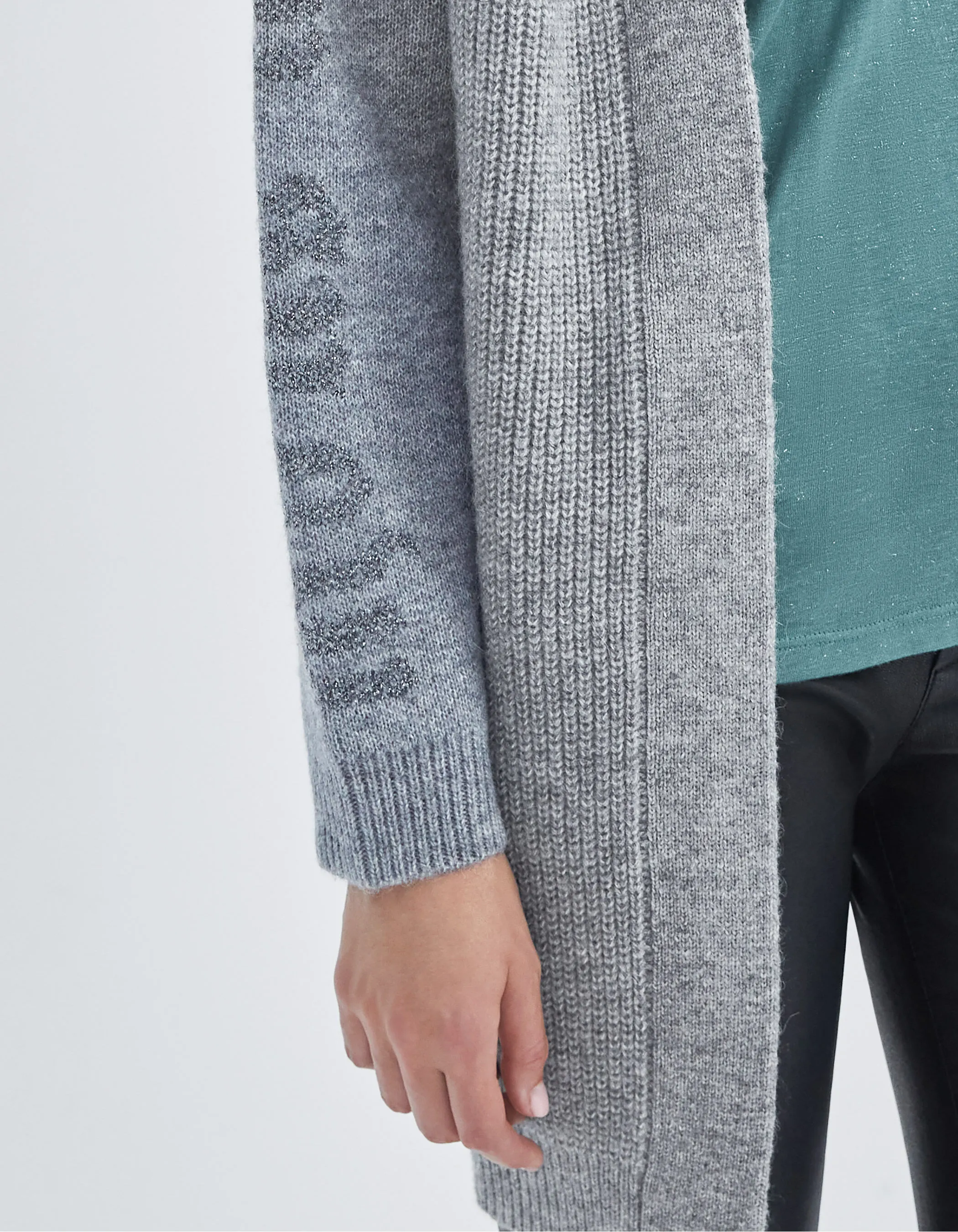 Gray Knit Belted Cardigan with Message Sleeve for Women