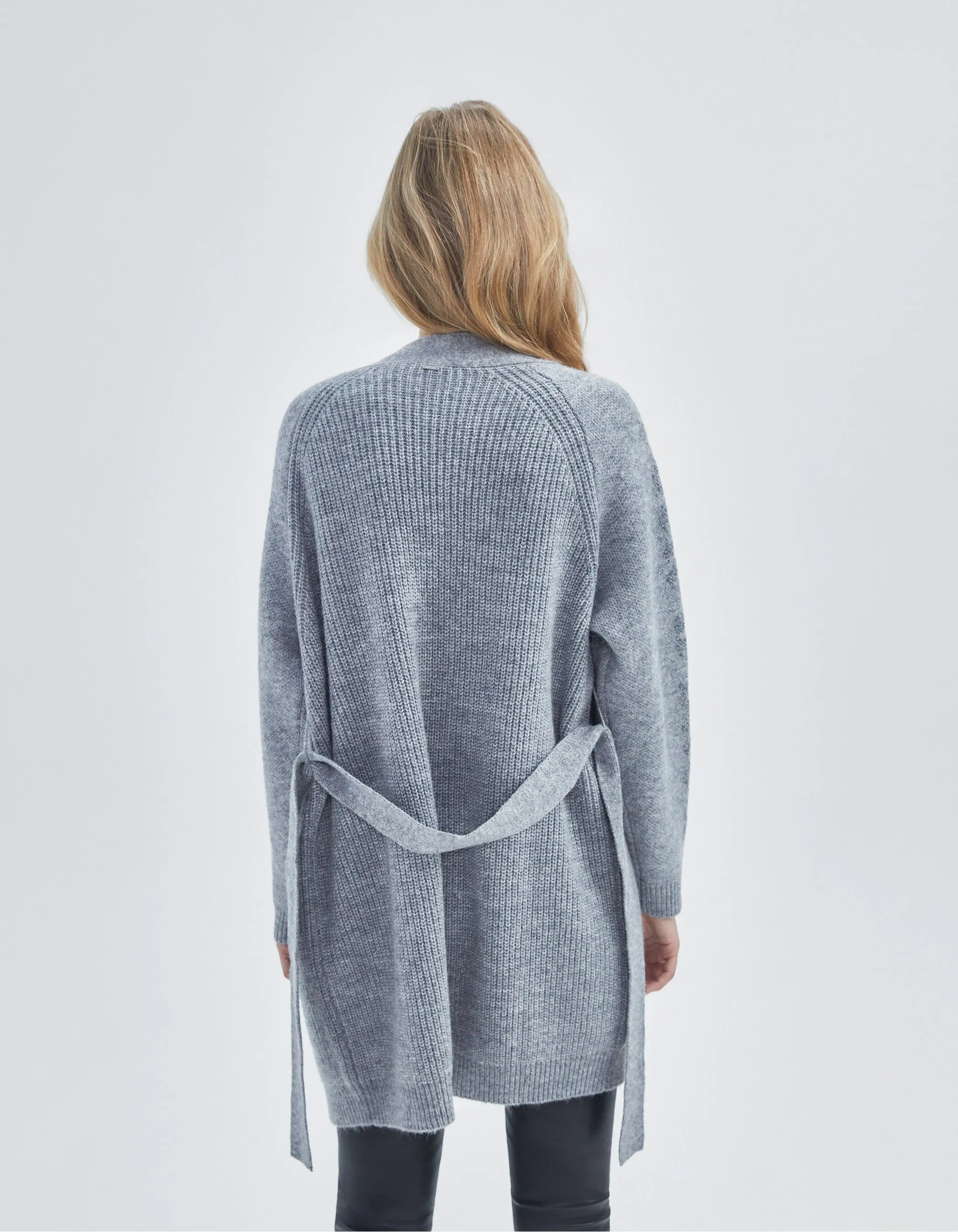 Gray Knit Belted Cardigan with Message Sleeve for Women