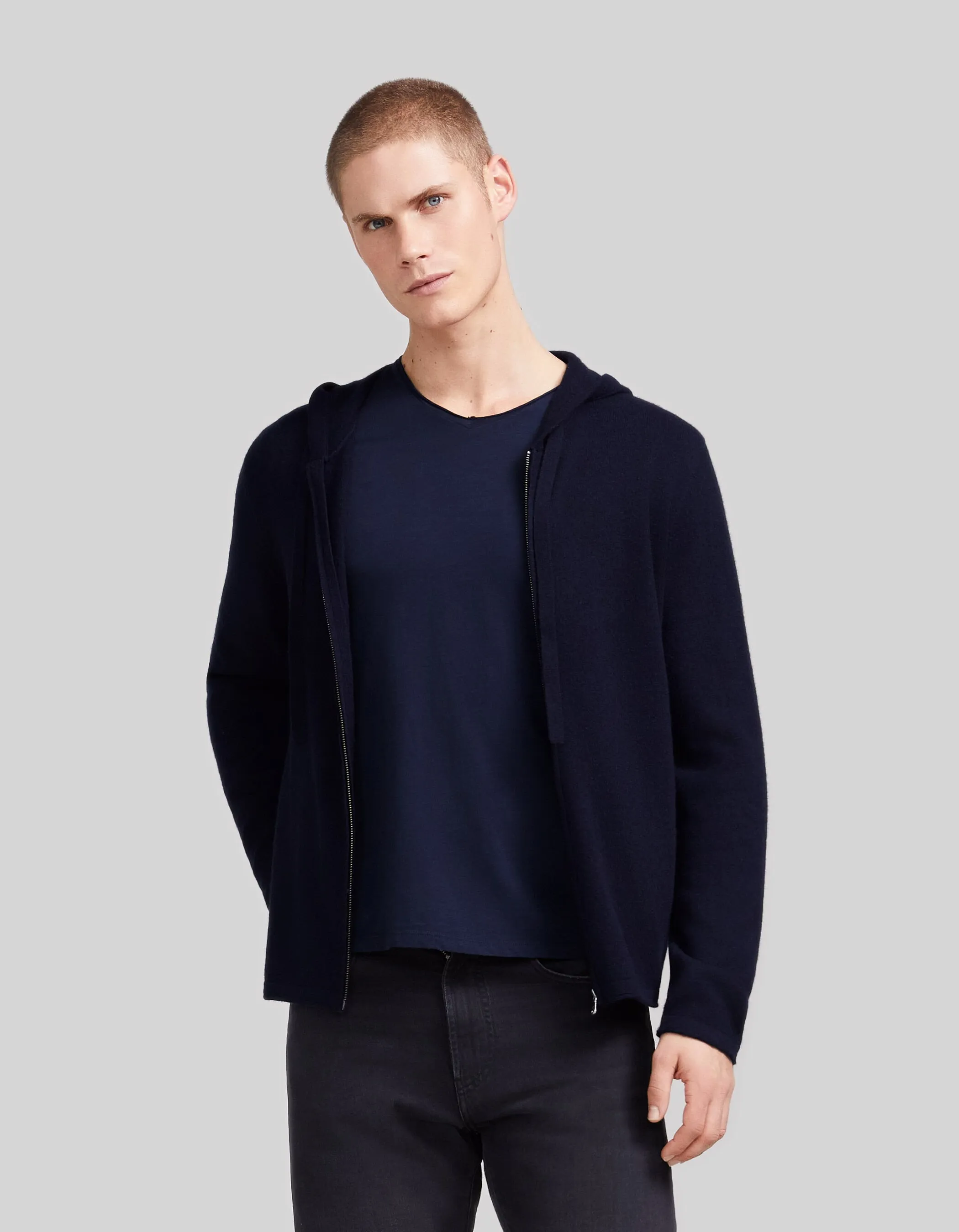 Men's 100% Cashmere Hooded Marine Zip Cardigan