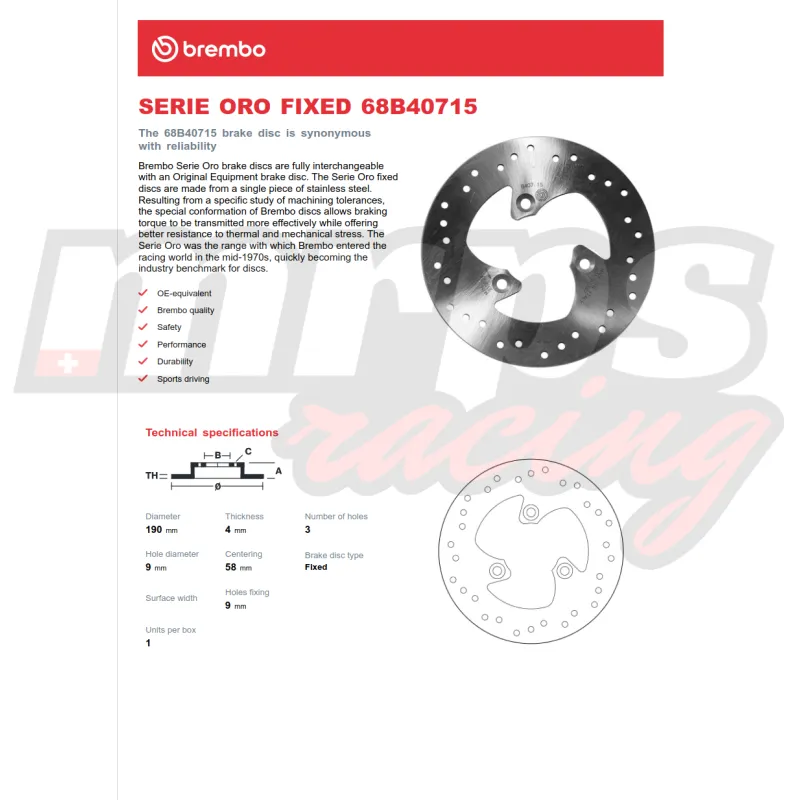Disque de frein Brembo Serie Oro Fixed 68.B407.15