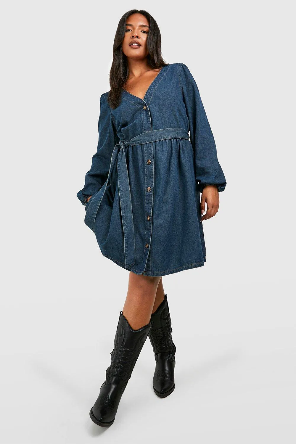 Grande taille - Robe patineuse en jean à ceinture