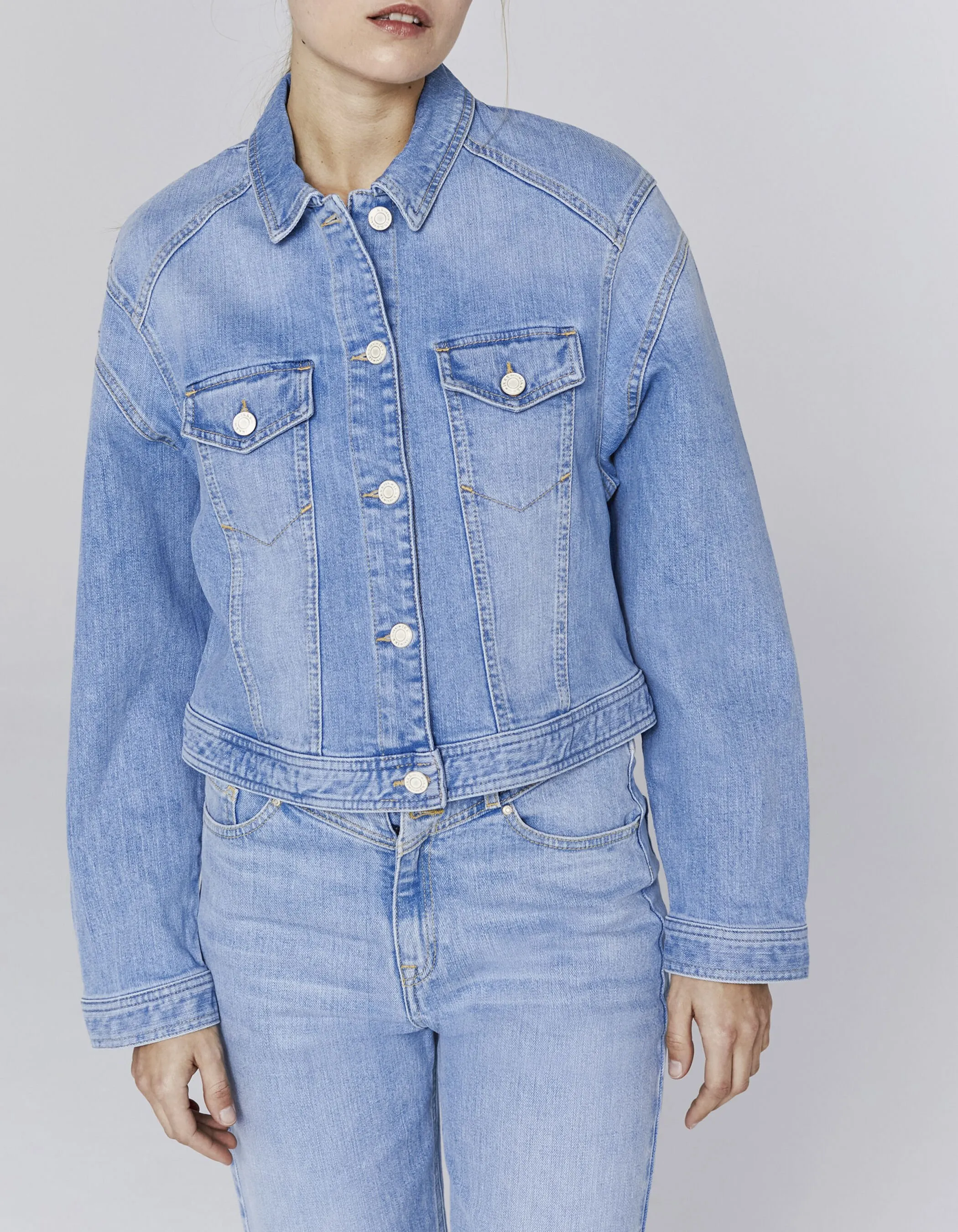 Oversized Denim Jacket with Shoulder Epaulettes and Pockets for Women