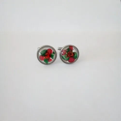 Peinture sur verre,boutons de manchette acier inoxydable,abstrait vert rouge blanc,fait mains en france,cadeau fete noel