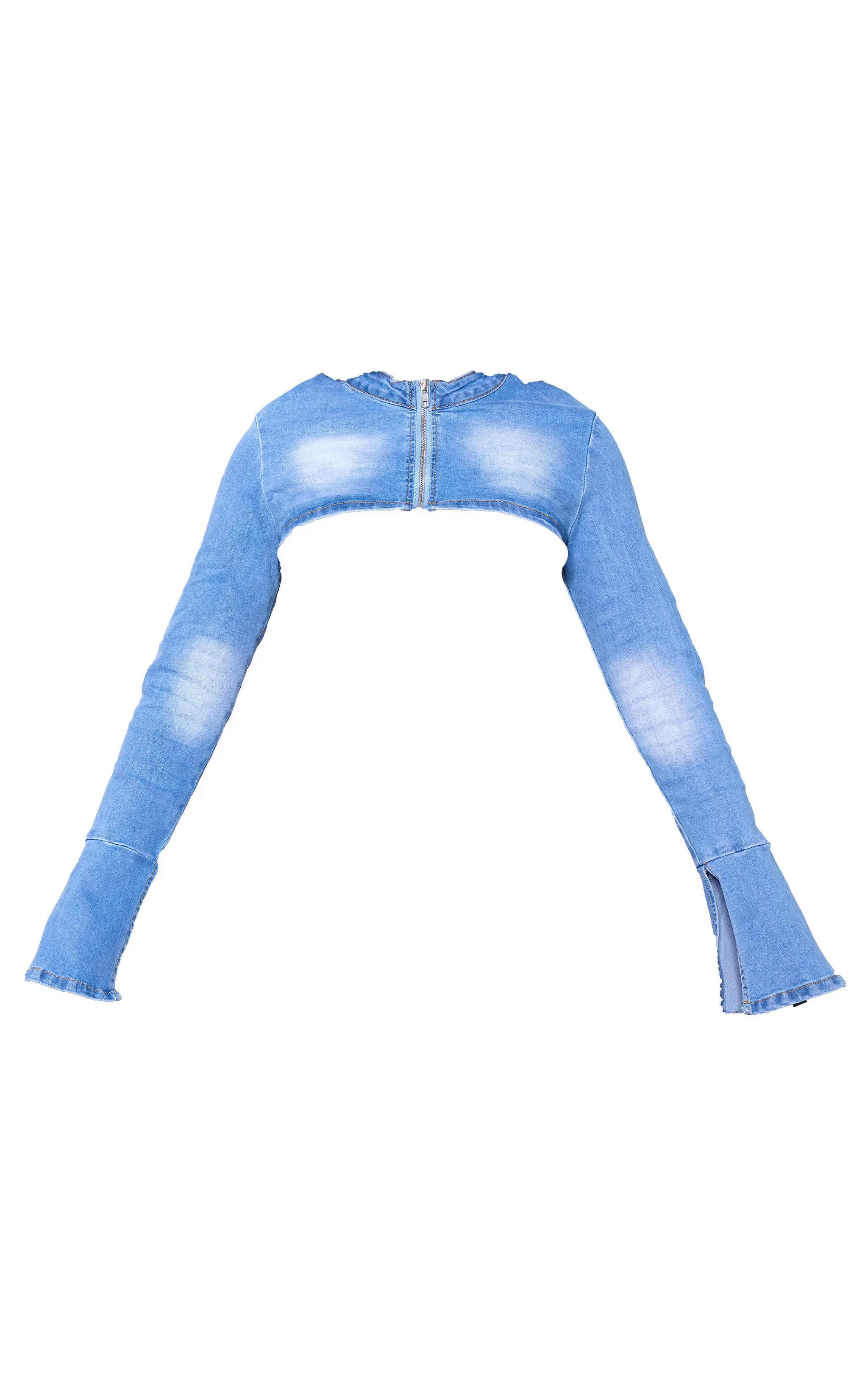 Denim wash vintage blue short jacket with badge detail from PRETTYLITTLETHING Shape.
