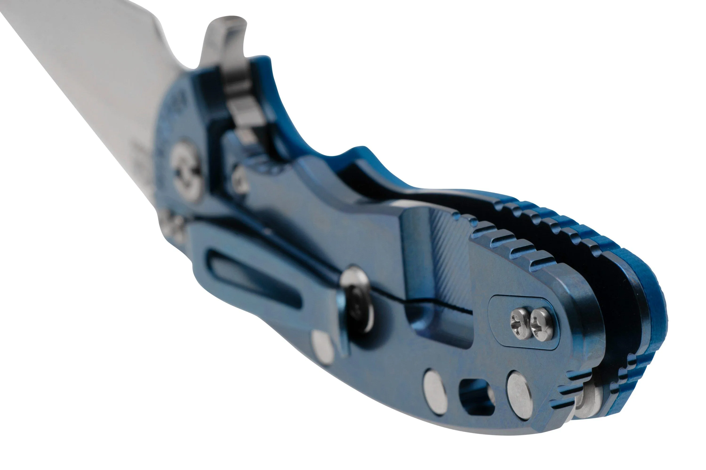 Rick Hinderer XM-18, 3.5" Recurve Tri-way Stonewash Blue, Blue G10, couteau de poche