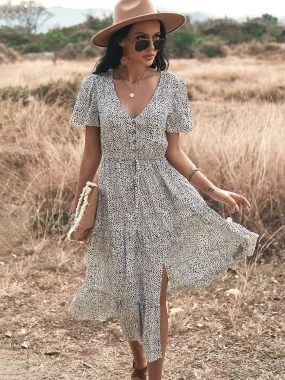 Robe Bohème Longue Col en V et Cordon de Serrage