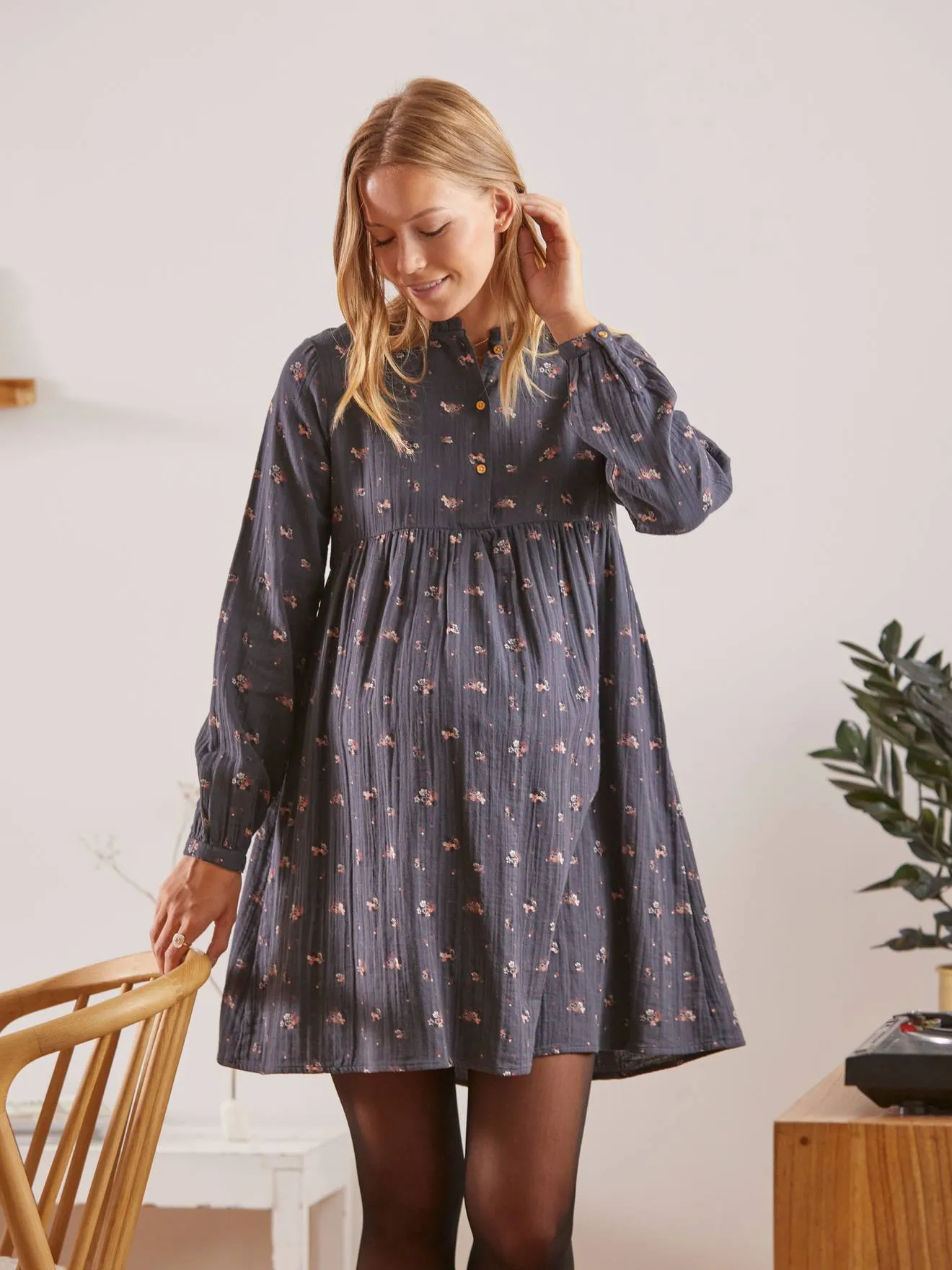 Robe imprimée gaze de coton grossesse et allaitement vert - Vertbaudet