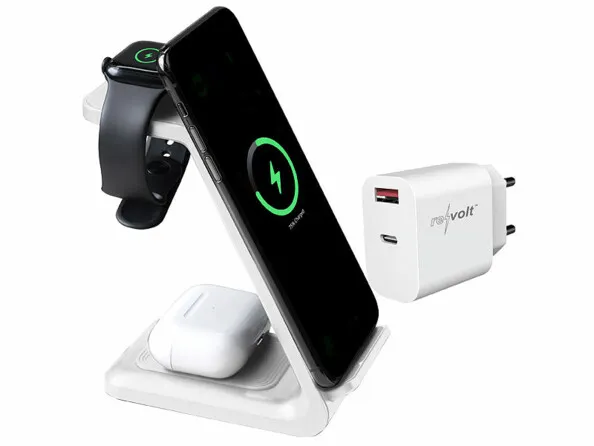 Station de chargement 3 en 1 avec chargeur 20 W coloris blanc | Chargeurs à induction Qi 