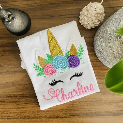 Embroidered & Personalized Flowery Unicorn Kids T-Shirt
