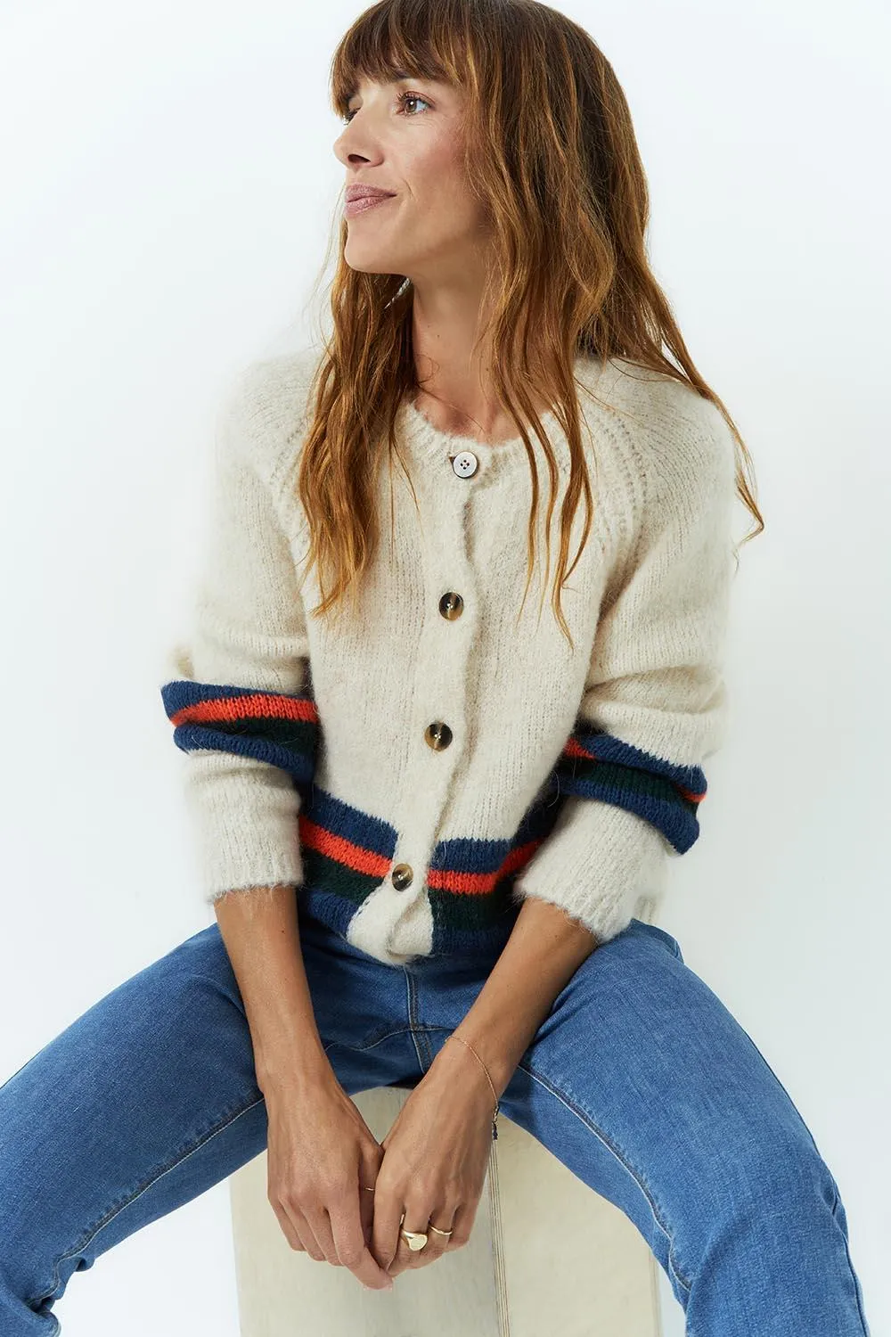 TOBET - Cardigan knit with placed stripes in ecru