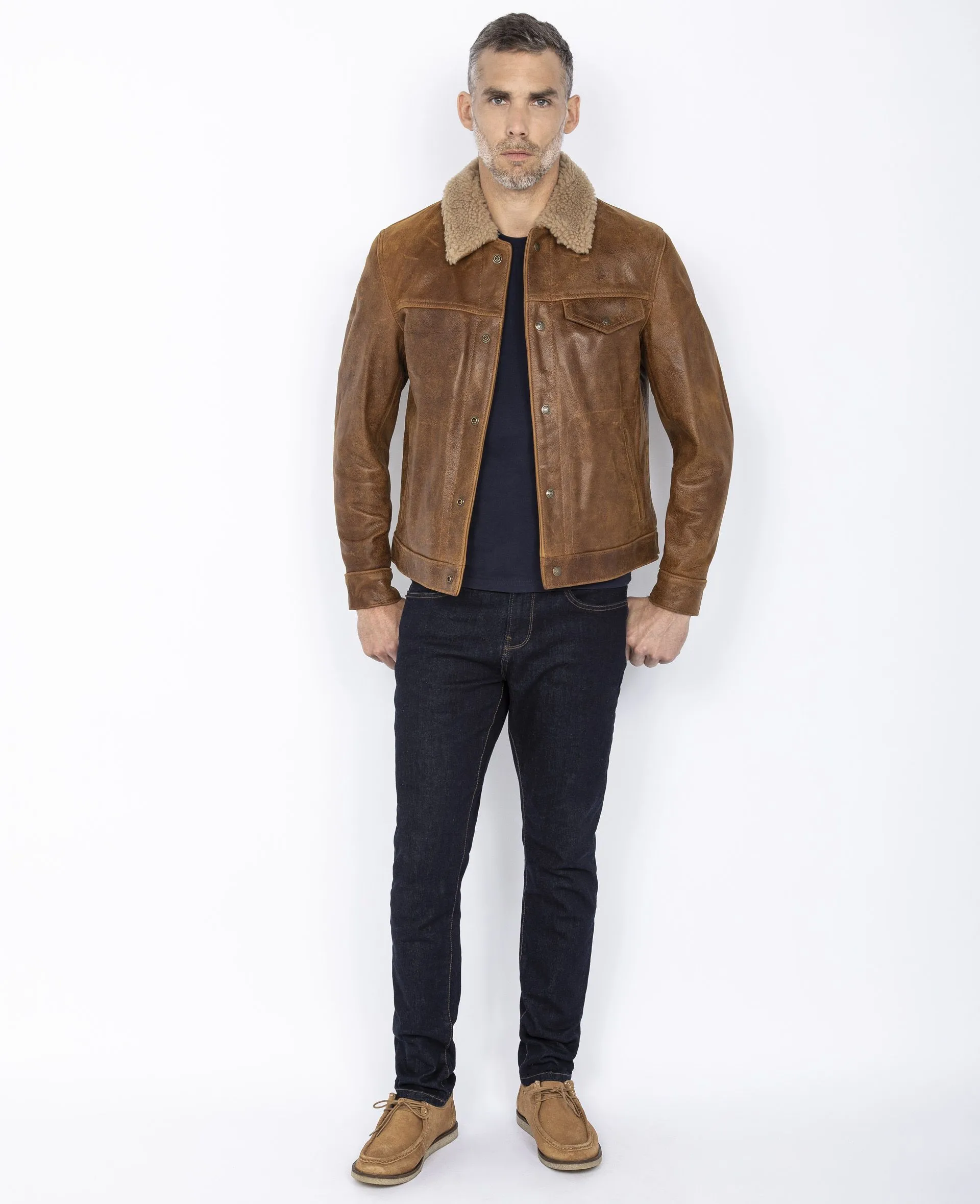 Veste trucker col mouton mythique USA, cuir de buffle