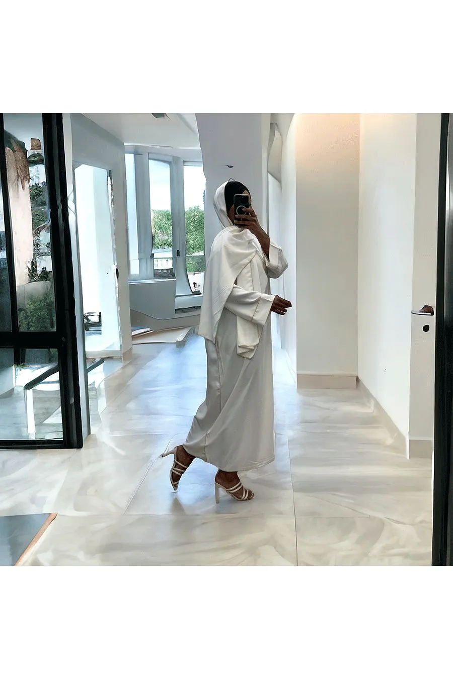 White Silk Medina Abaya Dress with Integrated Scarf